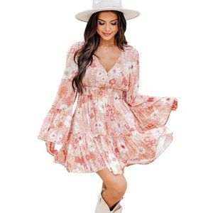 Apricot Powder Floral Smocked High Waist Bell Sleeve Mini Dress